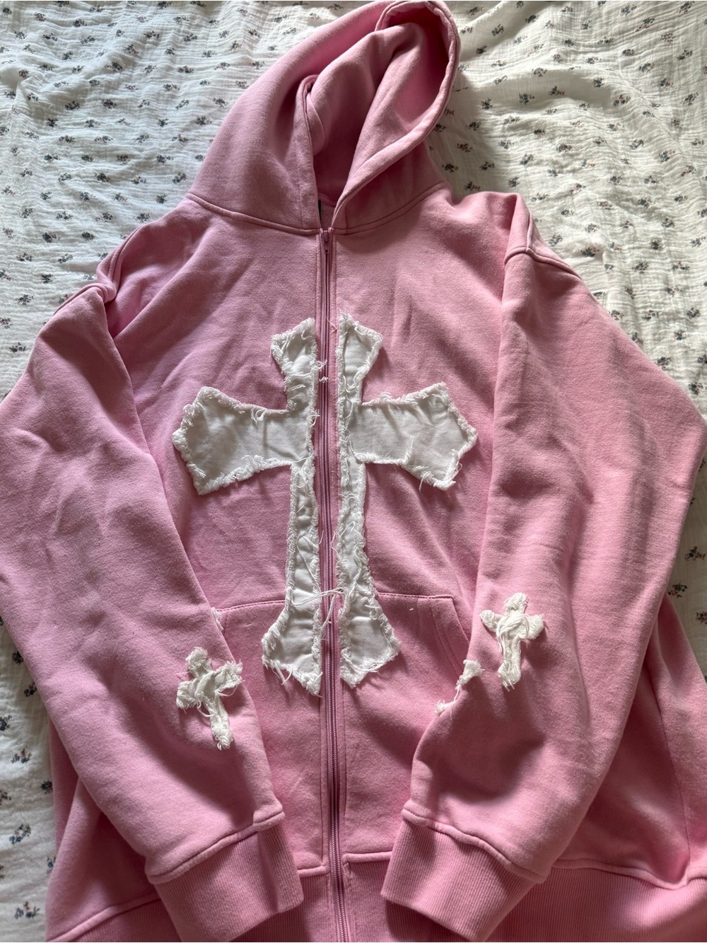 Pink Hooded Zip-Up Sweatshirt with White Cross Appliqués